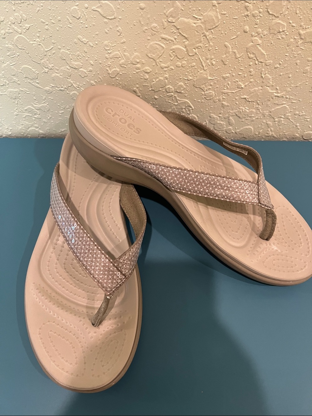 CROCS Women's Light Beige Sparkle Wedge Sandals